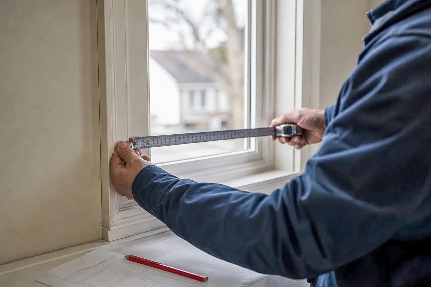 Mise en scène illustrative d’une prise de mesures avant le remplacement d’une fenêtre