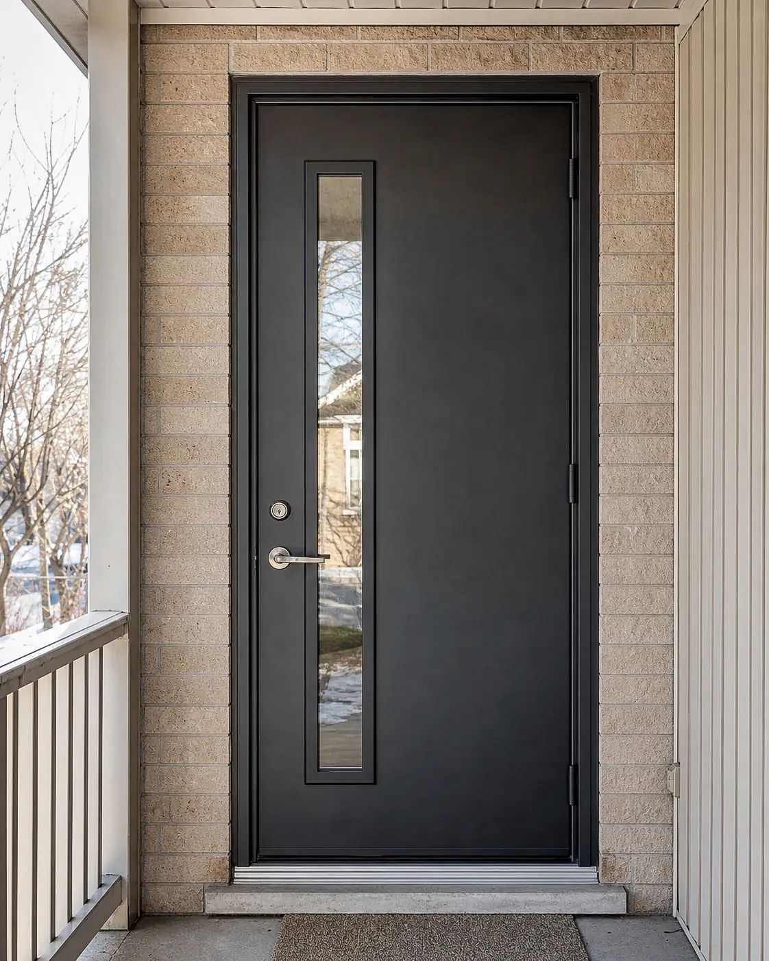 Entrée fictive en brique avec porte noire et vitrage vertical, image d’inspiration