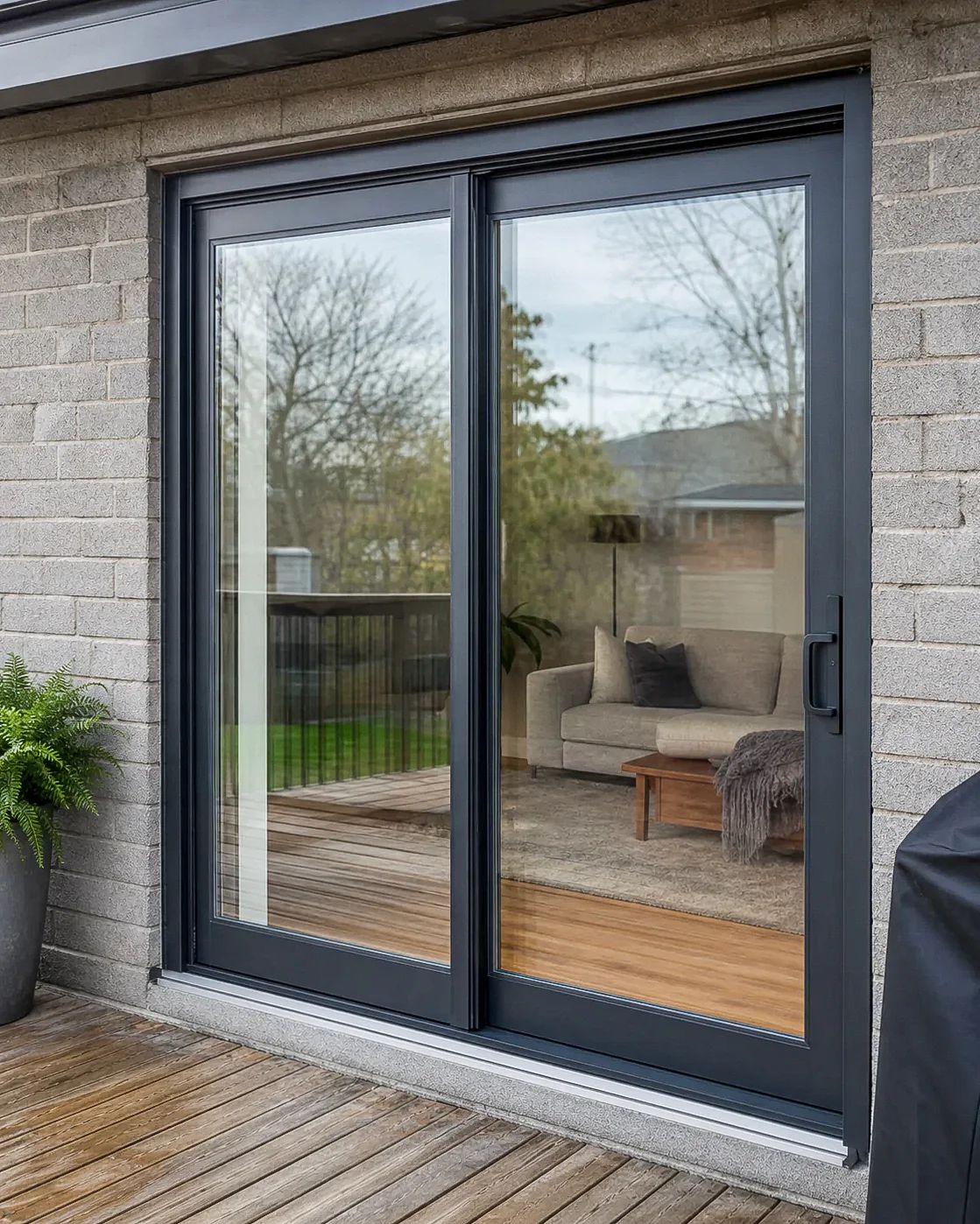 Terrasse fictive avec porte patio noire, image d’inspiration